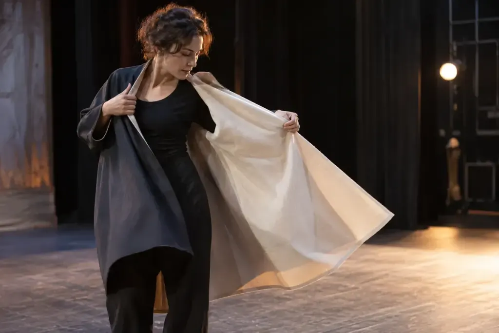 Une personne interprète retournant un manteau réversible sur une scène vide.