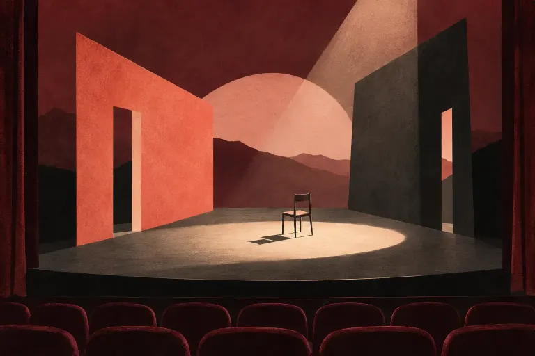 Maquette imaginaire de scène avec une chaise et des panneaux sous un faisceau de lumière
