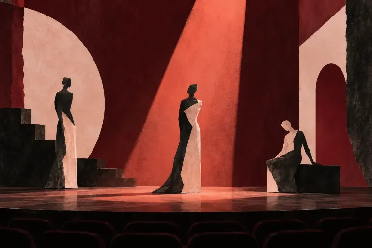 Silhouettes de papier sur une scène imaginaire éclairée de corail, illustration éditoriale