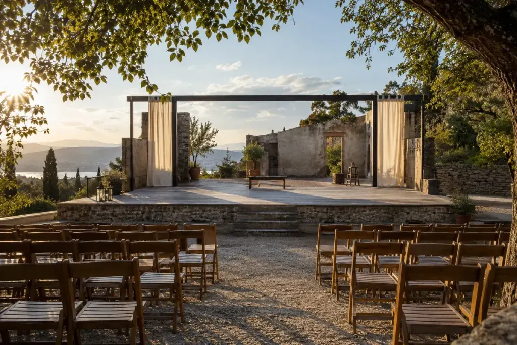 Plateau de théâtre extérieur avec quelques chaises sous la lumière de fin d’après-midi.