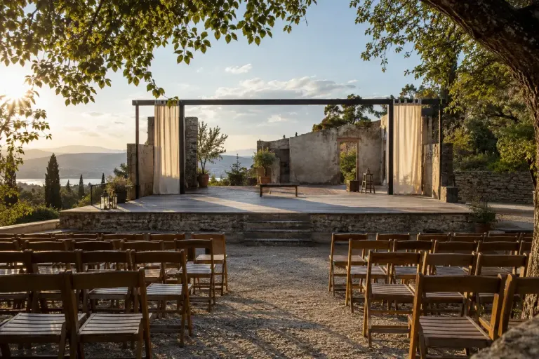 Plateau de théâtre extérieur avec quelques chaises sous la lumière de fin d’après-midi.
